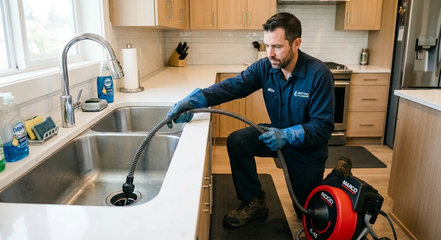 Drain cleaning technician using a motorized snake on a kitchen sink in Warrensburg