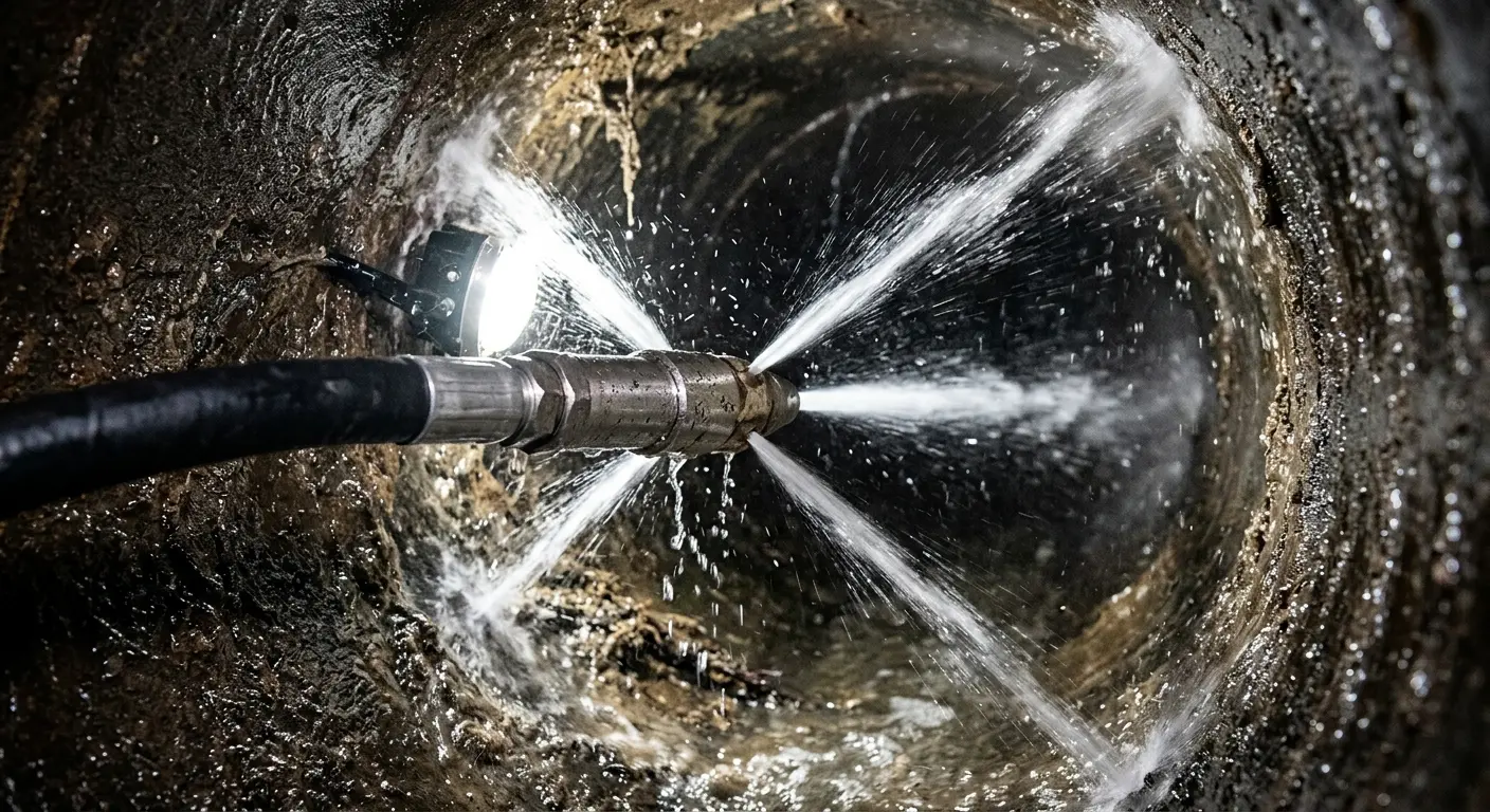 High-pressure hydro jetting nozzle cleaning sewer pipe for Trenchless Sewer Repair in Warrensburg