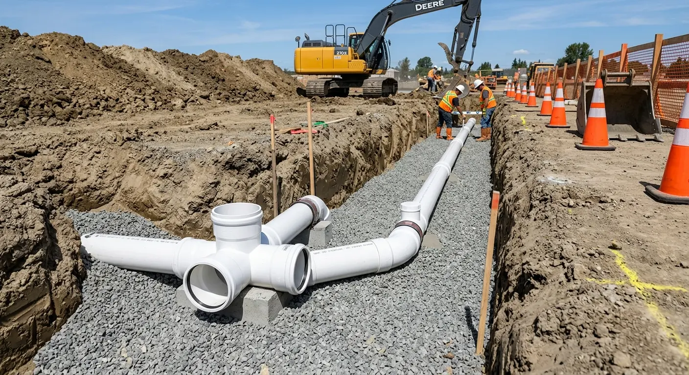 New PVC sewer pipe installation in open trench for Sewer Backup in Warrensburg